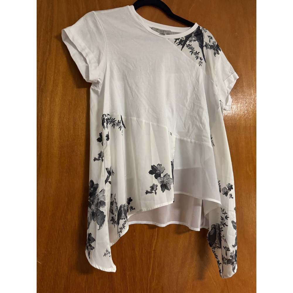AllSaints Zala Iona Top White Floral Bird Print Mixed Media Asymmetric Medium - Picture 4 of 9
